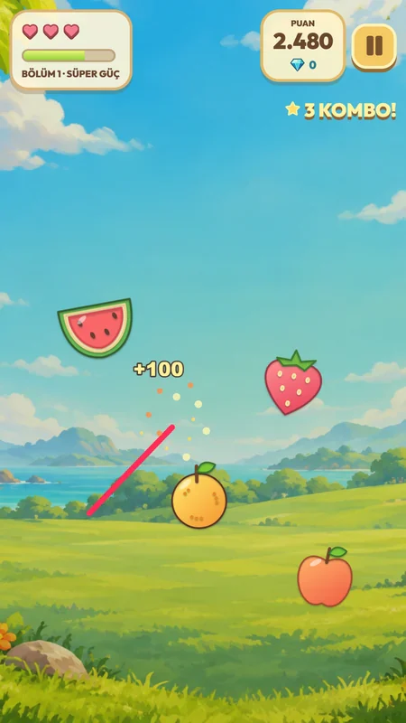 Ninja King Adventures meyve dünyasında havada kesilen meyveler ve oyun göstergeleri.