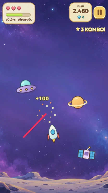 Eine Spielszene, in der verschiedene Objekte in der Weltraumwelt geschnitten werden.