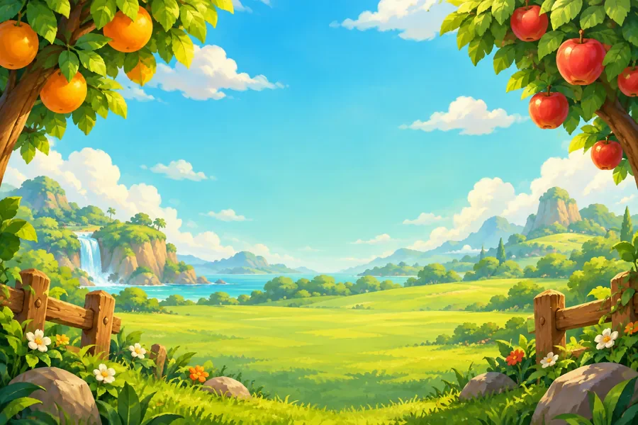Ninja King Adventures’ın renkli Meyve Bahçesi manzarası.